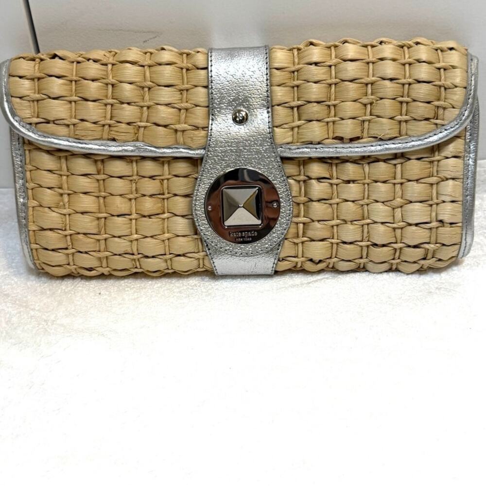 Kate Spade Tan Woven Straw Clutch with Silver Leather Trim
